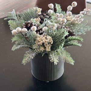 Frosted Pine and Berry Arrangement in Ribbed Pot